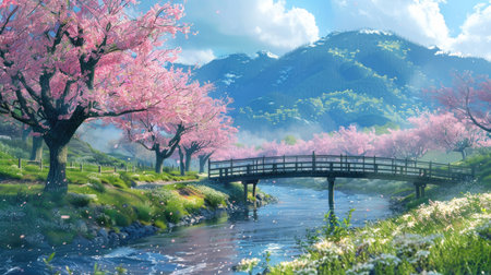 Serene countryside with vibrant fields, blooming cherry blossoms, and a tranquil river flowing under a wooden bridge, all in the enchantingの素材