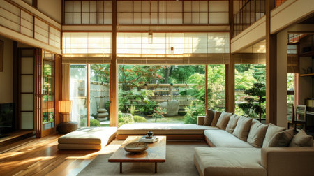 Contemporary Japanese living room with traditional touches, highlighting simplicity and elegance with natural light.の素材