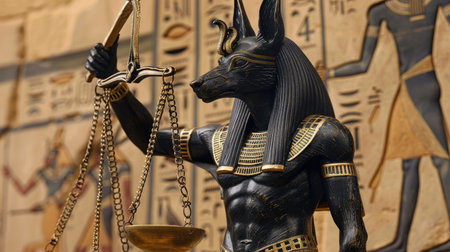 Anubis holding a balance scale, symbolizing judgment in the afterlife according to ancient Egyptian beliefs.の素材