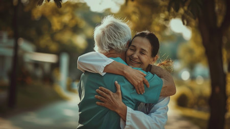 Medical professional embracing an elderly patient, symbolizing kindness and care in medicine.の素材