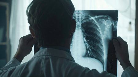 Medical professional examining a lung X-ray with cancer indications, demonstrating the diagnostic process and healthcare intervention.の素材