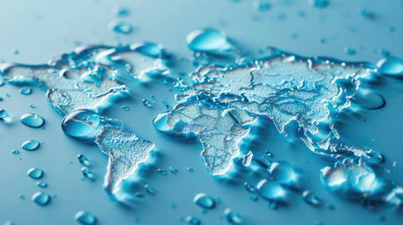 Water droplets form world continents, symbolizing global water conservation effortsの素材