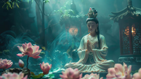 Scene of Guanyin offering healing and comfort, representing her compassionate nature and merciful presence.の素材