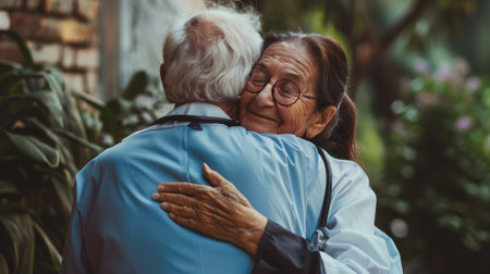 Medical professional embracing an elderly patient, symbolizing kindness and care in medicine.の素材
