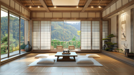 Modern Japanese living room with clean lines and traditional elements blended with contemporary furniture, large windows.の素材