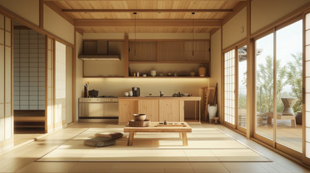 Modern Japanese kitchen and living room, blending light wood, tatami mats, and minimalist aesthetics with earthy ceramics.の素材