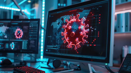 Virus alert displayed on a computer, showcasing the necessity of addressing potential cybersecurity risks immediately.の素材