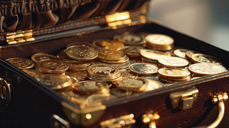 An open briefcase overflowing with stacks of gold coins and cash, symbolizing wealth and prosperity.の素材
