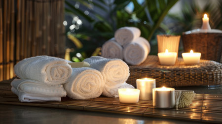 Spa treatment essentials like rolled towels and candles, promoting relaxation and healthy skin.の素材