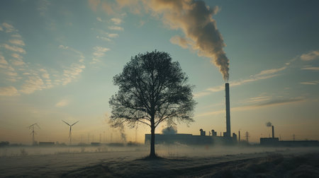 A solitary tree against the backdrop of a smoke-emitting factory, highlighting pollution issues.の素材