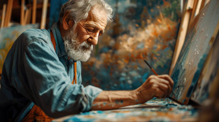 Artistic portrait: mature man painting at his workspace, showcasing his craft.の素材