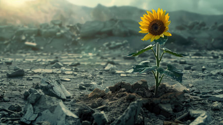 A single sunflower stands tall in a war-torn landscape, representing resilience.の素材