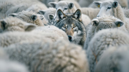 Camouflaged wolf in a flock of sheep, its eyes reflecting both cunning and hunger.の素材