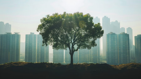 Tree casting a shadow of a city skyline, highlighting the integration of green spaces in urban planning.の素材