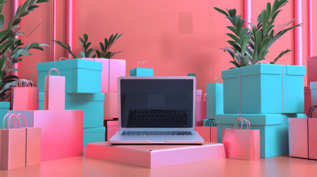 Laptop surrounded by packages, symbolizing the growth and impact of e-commerceの素材