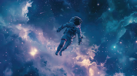 Astronaut floating weightlessly in space, surrounded by stardust and cosmic clouds, depicting a celestial dreamer.の素材