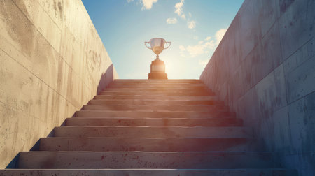 Achievement and success: top of a staircase with a trophy, symbolizing the reward for effort.の素材