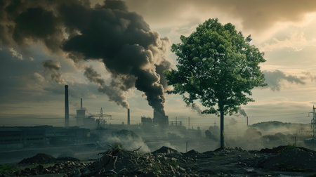 A single tree stands in the foreground, with a factory emitting black smoke in the background, highlighting environmental issues.の素材