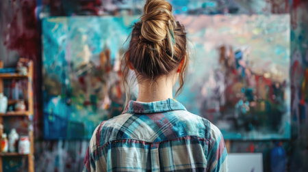 Artist's workspace: back view of a woman painting, highlighting her creative expression.の素材