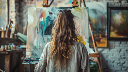 Artist's workspace: back view of a woman painting, highlighting her creative expression.の素材