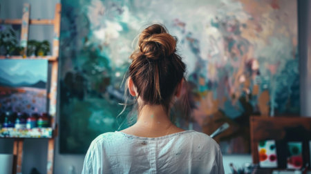 Artistic process: back view of a woman painting at her workspace, filled with creativity.の素材