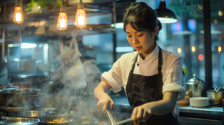 Asian woman chef preparing food in a restaurant, highlighting her cooking talent and passion.の素材