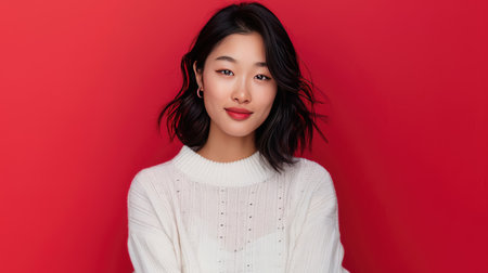 Attractive Asian woman presenting against a one-color background, highlighting elegance and confidence.の素材