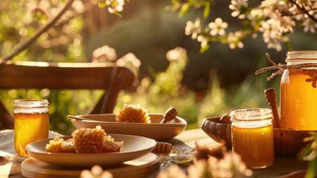 Bee-inspired table setting with honey jars, bowls of nectar, and a sweet atmosphereの素材