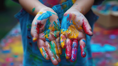 Child's hands covered in colorful paint, showcasing creativity and learning in an educational setting.の素材