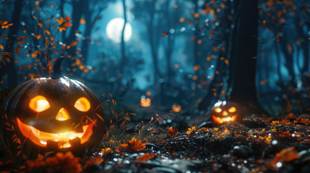 Halloween scene: Jack O' Lanterns glowing in the moonlit forest, creating a spooky atmosphereの素材