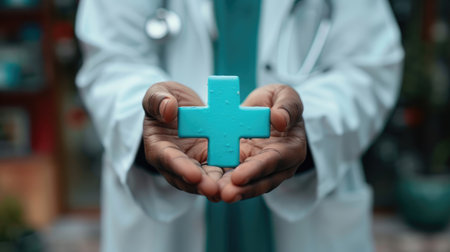 Doctor holding a virtual blue plus sign, symbolizing medical health insurance and modern healthcare.の素材