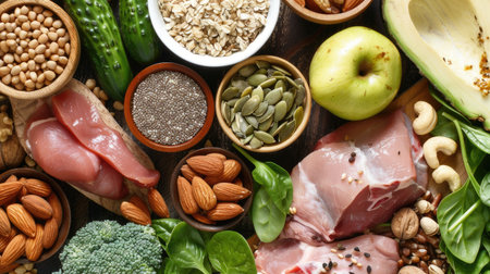 Close-up display of keto-friendly foods: nuts, seeds, lean meats, and green vegetables, arranged beautifully.の素材