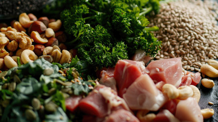 Close-up of keto-friendly ingredients: nuts, seeds, lean meats, and green leafy vegetables, arranged appealingly.の素材