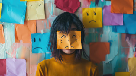 Colored paper with sad symbols conceals a woman's face, highlighting her emotional state.の素材