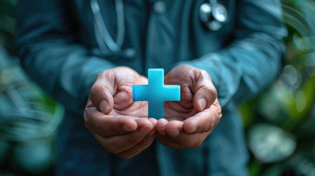 Doctor holding a virtual blue plus sign, symbolizing medical health insurance and modern healthcare.の素材