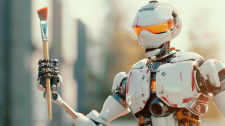 Classic image of a robot holding a paintbrush, symbolizing the intersection of technology and artistic expression.の素材