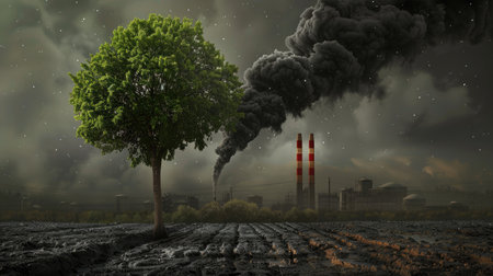 Contrast between a single tree and a factory emitting black smoke, representing environmental challenges.の素材
