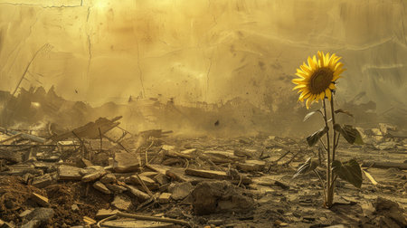 Lone sunflower amidst the damage of war, symbolizing hope in a desolate battlefieldの素材
