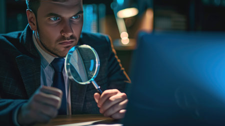 Cybercrime investigation: detective examining digital evidence with a magnifying glass.の素材
