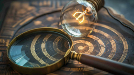 Creative solutions under scrutiny: magnifying glass on a target and light bulb, emphasizing innovation.の素材