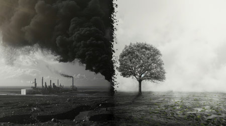 Contrast between a single tree and a factory emitting black smoke, representing environmental challenges.の素材