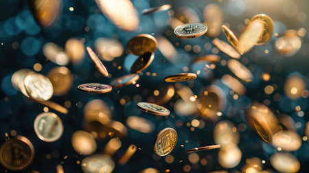 Coins swirling mid-air, representing the dynamic flow and fluidity of business success.の素材