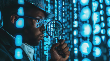 Detective focusing on digital numbers with a magnifying glass, representing cybercrime evidence analysisの素材