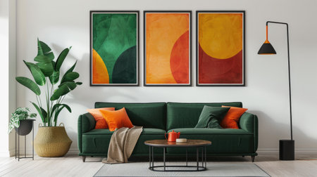Contemporary living room showcasing three poster frames, a green couch, a vibrant plant in a wooden pot, and a sleek floor lampの素材