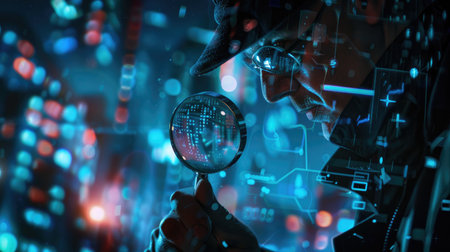 Digital forensics scene with a detective analyzing digital footprints through a magnifying glass.の素材