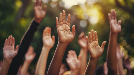 Hands of various skin tones raised high, celebrating solidarity and equality.の素材