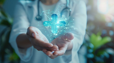 Floating virtual blue plus sign on a doctor's hand, representing health insurance concepts.の素材