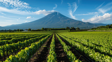 Expansive Kyoho vineyard with Mount Fuji in the background, highlighting agricultural beautyの素材