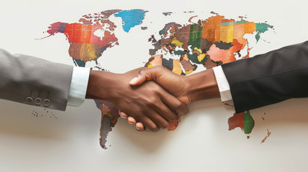 Global business concept: handshake between individuals of diverse ethnicities against a world map.の素材