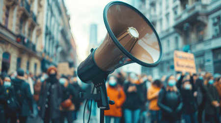 Image of a megaphone in use at a protest, background blurred, symbolizing the amplified voice of activists.の素材
